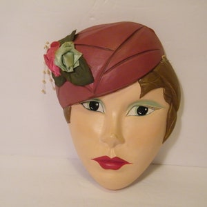 Ceramic Art Face Wall Mask Decor Lady with PillBox Hat Satin Ribbon Flowers, Vintage art with Mid Century Beauty, see photos