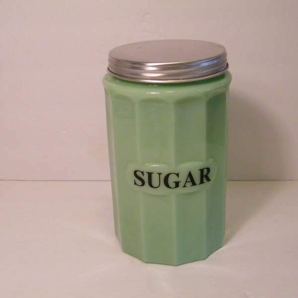 Jadeite Sugar Canister with Aluminum Lid 1 quart size, Vintage 7 inch tall Kitchen storage, light wear on lid as shown