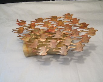 Copper Wire Tree Sculpture with bird shapes on Marble Stone, Vintage unique metal  artwork bird shape leaves, paperweight collectible bonsai