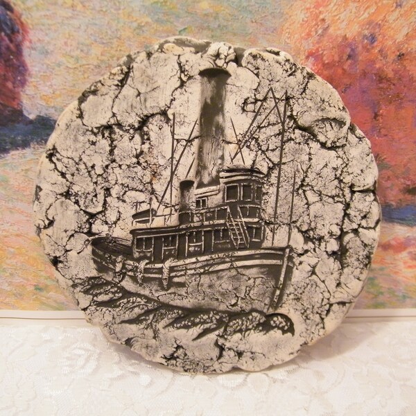 Mt St Helens Ash Sculptured Image of Tugboat Impressed in Volcanic Ash Round, Vintage artwork 7 in  artistic rustic style decor, 3D detailed