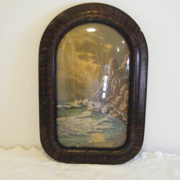 Large Cathedral Tiger Wood Frame with Print by Carson under Glass, Antique Litho print, Frame is 24 x 16 with wear, as is as found condition