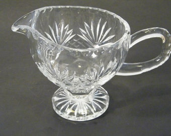 Crystal Gravy Pitcher in Pressed Cut Fan and Criss Cross Patterns, Vintage 12 ounce elegant server, panel stem, blown glass handle