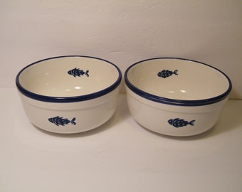 2 Crate and Barrel Cereal or Soup Bowls made in Italy, Vintage set have Blue Fish Design, great pre owned condition, light shelf wear