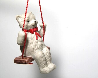 Cat on Swing Ornament for Tree or Room Decor, Vintage Ceramic Kitty is 3.5 inches tall, makes a fun gift for any occasion, pre owned