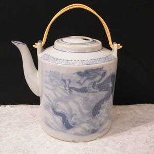 RARE Large Asian Dragonware Teapot, Vintage Used Three Quart size ceramic pot blue Dragon and Koi Fish, tableware, Unmarked,