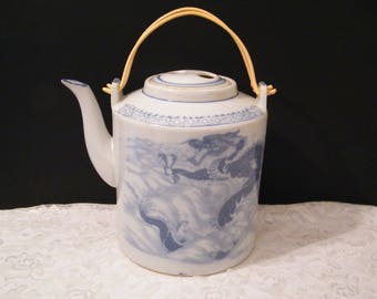 Large Asian Dragonware Teapot, Vintage Used Three QuarterGallon size ceramic pot blue Dragon and Koi Fish, tableware, Unmarked, Oriental