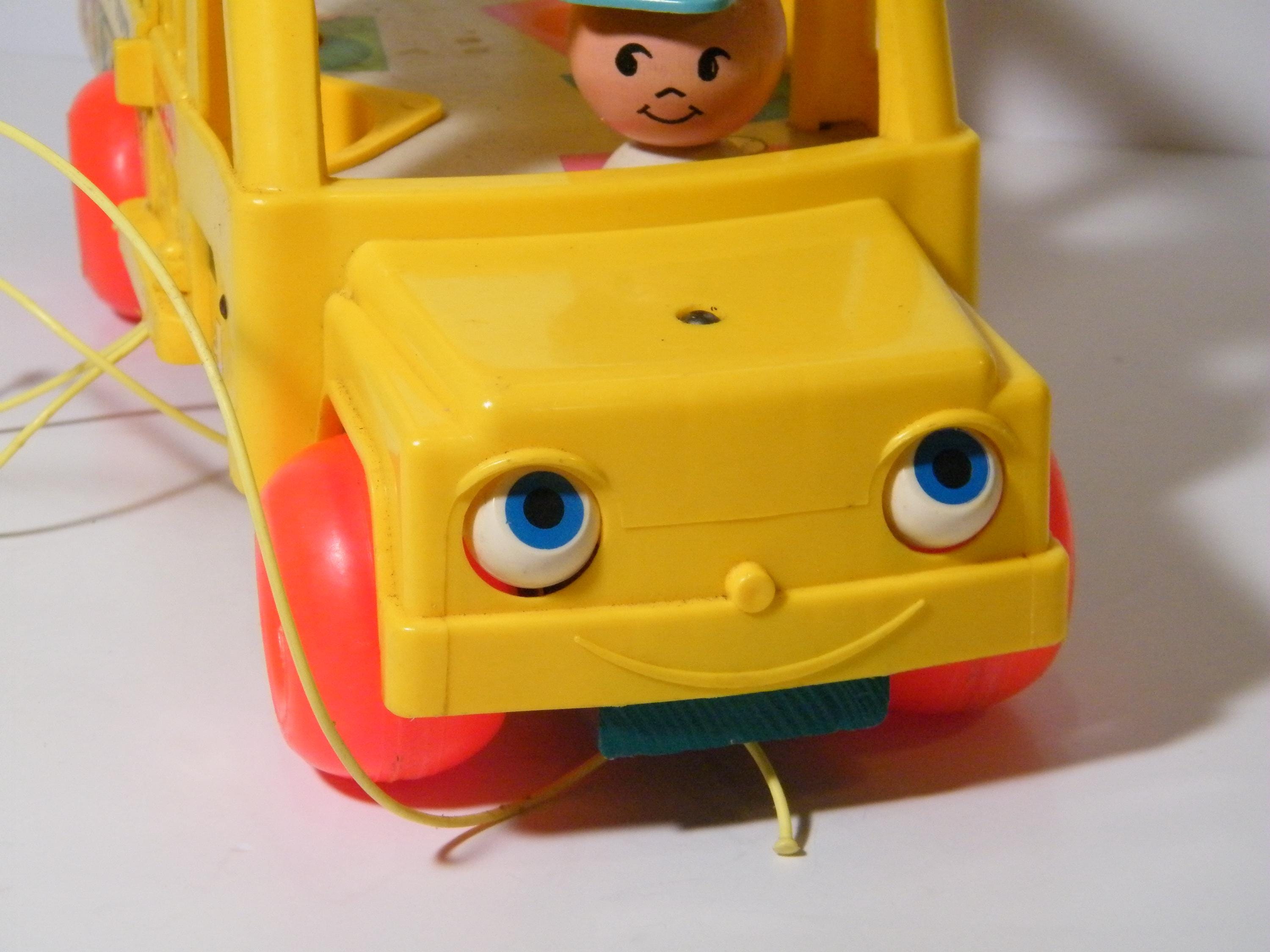 Fisher Price School Bus Pull Toy, Vintage 1965 Yellow Bus With