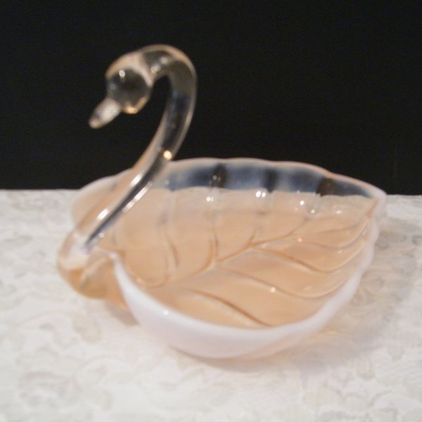 Pink Opalescent Swan Candy Dish by Duncan Miller with Leaf Bowl, Vintage 1940s Glass elegance, bridal shower, baby shower,