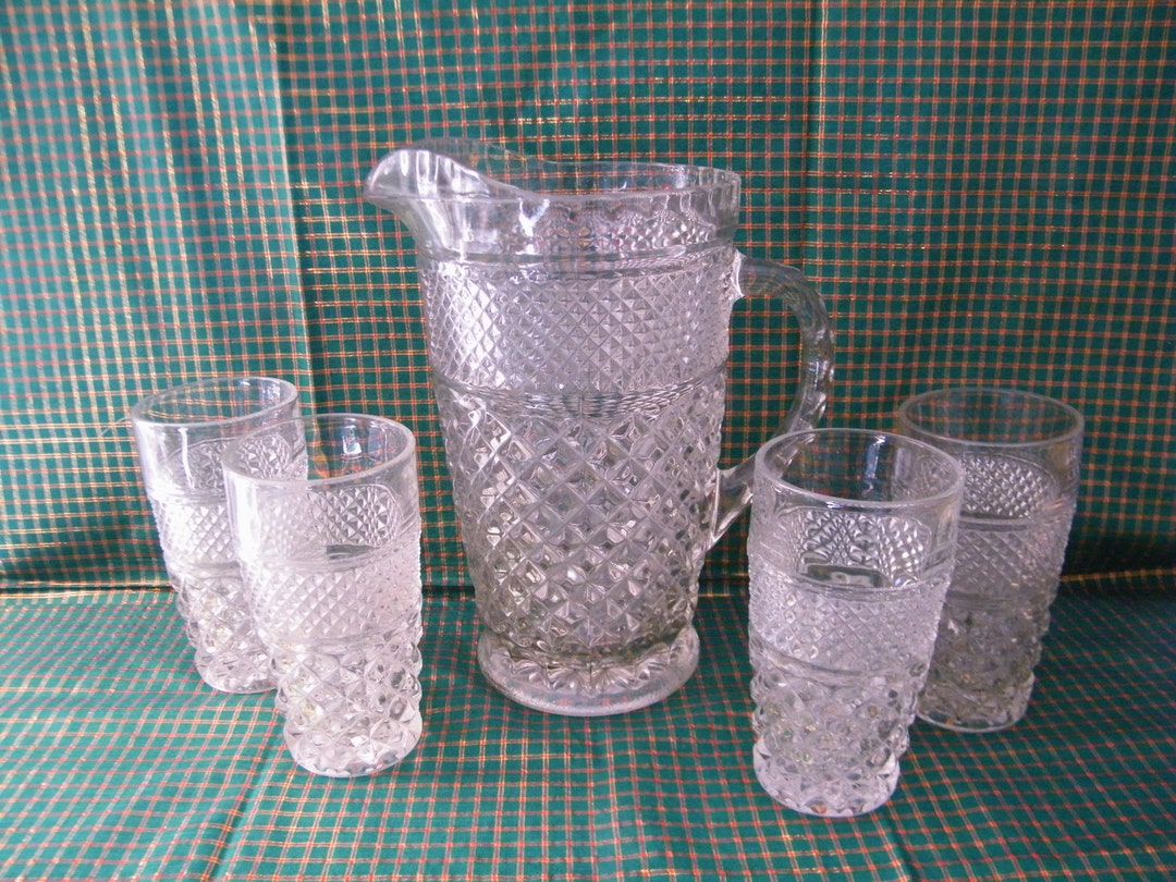 Wexford Crystal Pitcher and Juice Glasses, Vintage Anchor Hocking Set 7