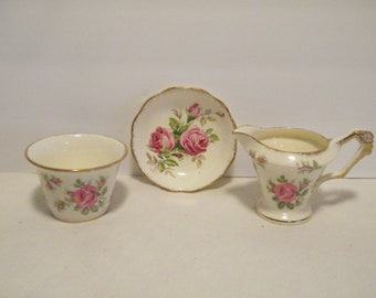 RARE James Kent Longton Demitasse Sugar Bowl and Creamer with underplate in Pink Roses, Older pattern no Globe back stamp, numbers 2082, 75