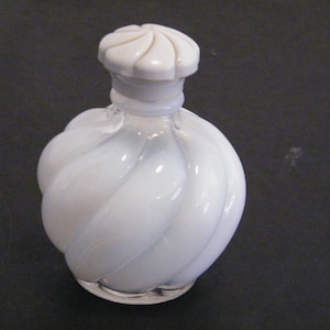 White Opaque Perfume Bottle with Swirl Pattern EMPTY, Vintage early 1900s cologne jar, opalescent with blue tinge,