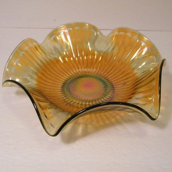 Carnival Glass Yellow Amber Ruffled Glass Bowl, Vintage Candy Dish or Centerpiece, 9 inch Diameter,