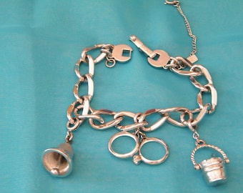 Monet Wedding Charm Bracelet with Bell, Rings and champagne bucket charms, Vintage mid century Gift for Bride, Signed, silver tone chain,