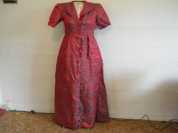 Chinese Silk Fitted Dressing Gown, Vintage 1940s Red and Turquoise  