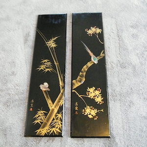 Pair Black Lacquer Japanese Wall Panels Hand Painted with small MOP accents, Vintage set of 2 Made in Japan accent panels in bamboo and bird