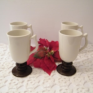 4 Irish Coffee Mugs by Hall Pottery, White with Dark Brown Foot pattern 1273, Vintage set of Tall coffee cups, very nice condition