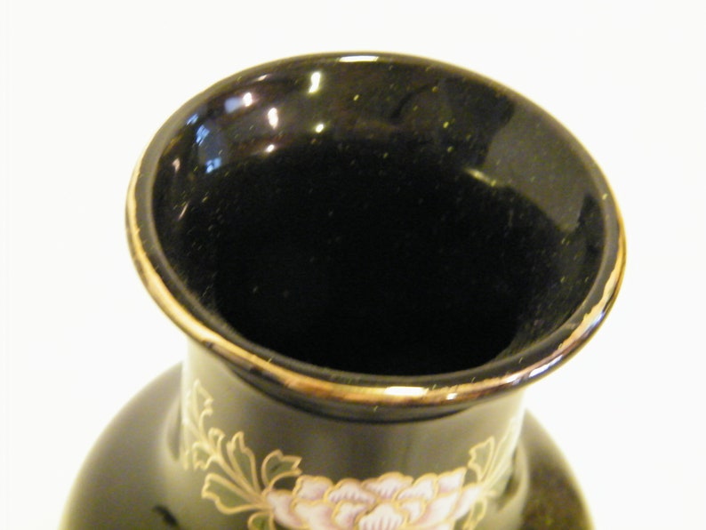 Vintage 8 inch asian flower holder Japanese Peacock Vase on Black Ceramic with Gold accent light wear discoloration cherry blossom tree
