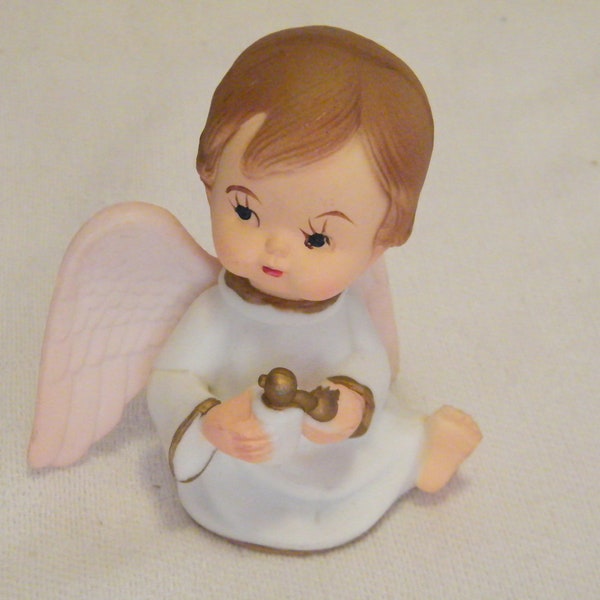 Cherub with Perfume Figurine Made in British Hong Kong, Vintage Angel Baby with pink wings holding scent bottle, numbered 324, no cologne