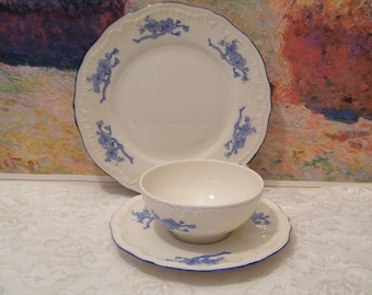Theodore Haviland Cup Saucer Plate Set, New York USA, Vintage Made in America, coupe teacup, 3 piece setting, Blue Blossom Pattern