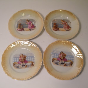4 Lusterware Child Snack Plates made in Germany, Vintage children dishes perfect for birthday or party, each plate has different scene