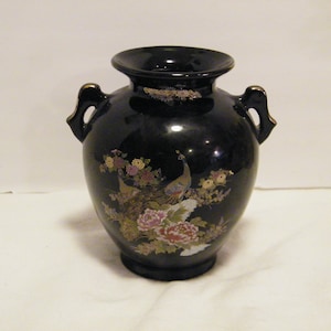 Japanese Peacock on Black Porcelain Vase, Vintage 7 inch handled vase has red signature stamp on base, golden accent on floral design,