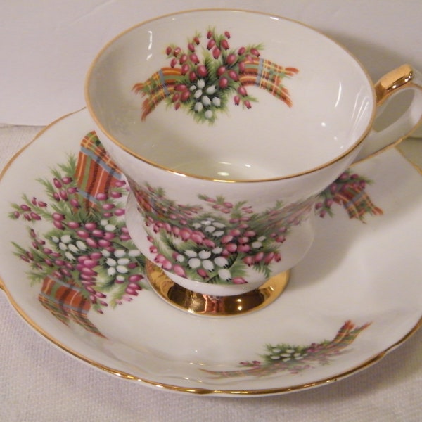 Scottish Wedding Dreams Cup and Saucer from Windsor with Romantic theme, Bleeding Hearts on Scottish Tartan, Vintage English bone China set