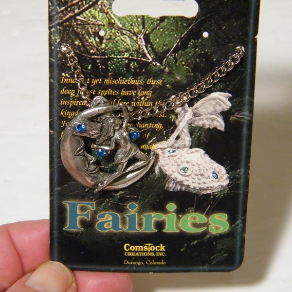 Pewter Fairie Pendant Necklace with Blue Crystals, 23 Inch Chain, Comstock Creations