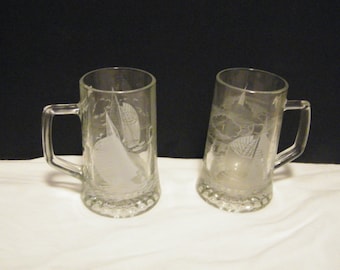 etched Schooner Glass Steins, 2 Vintage Pint mugs made in Germany for Bonners Christmas Wonderland, holds 16 ounce ea