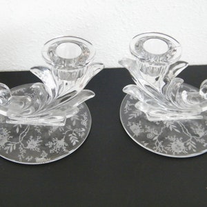 Fostoria Bouquet Etched Candle Holders, Vintage Set 1940s Crystal Glass lighting accessories with flower shaped body, wedding or special