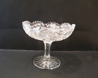 Brilliant Cut Glass Compote Candy Dish, Vintage Elegance American Early Cut glass, sharp sawtooth rim, star and fan patterns,  5 inch tall