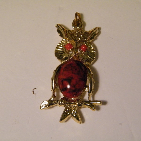 Red Tiger Eye Owl Pendant with Gold Tone Frame, Vintage unmarked gorgeous pendant waiting for you to add chain, gift idea