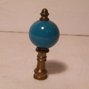 Blue Ceramic Orb on Brass Finnial for Lamp, Vintage Replacement topper in srt Deco style, tiny flaw on orb
