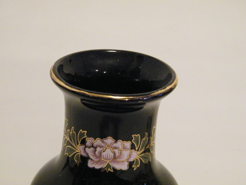 Vintage 8 inch asian flower holder Japanese Peacock Vase on Black Ceramic with Gold accent light wear discoloration cherry blossom tree