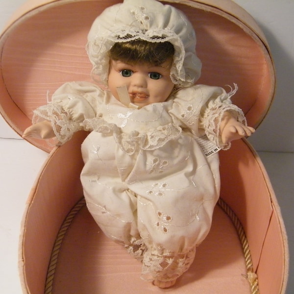 Collectors Choice Baby Doll in Christening Set 9 inch tall, Vintage Porcelain and Cloth Dolly arrives in Collectible Pink Box by VS
