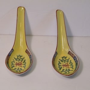 2 Chinese Rice Spoons hand painted Yellow with green and red designs, Vintage pair of ceramic spoons, great for