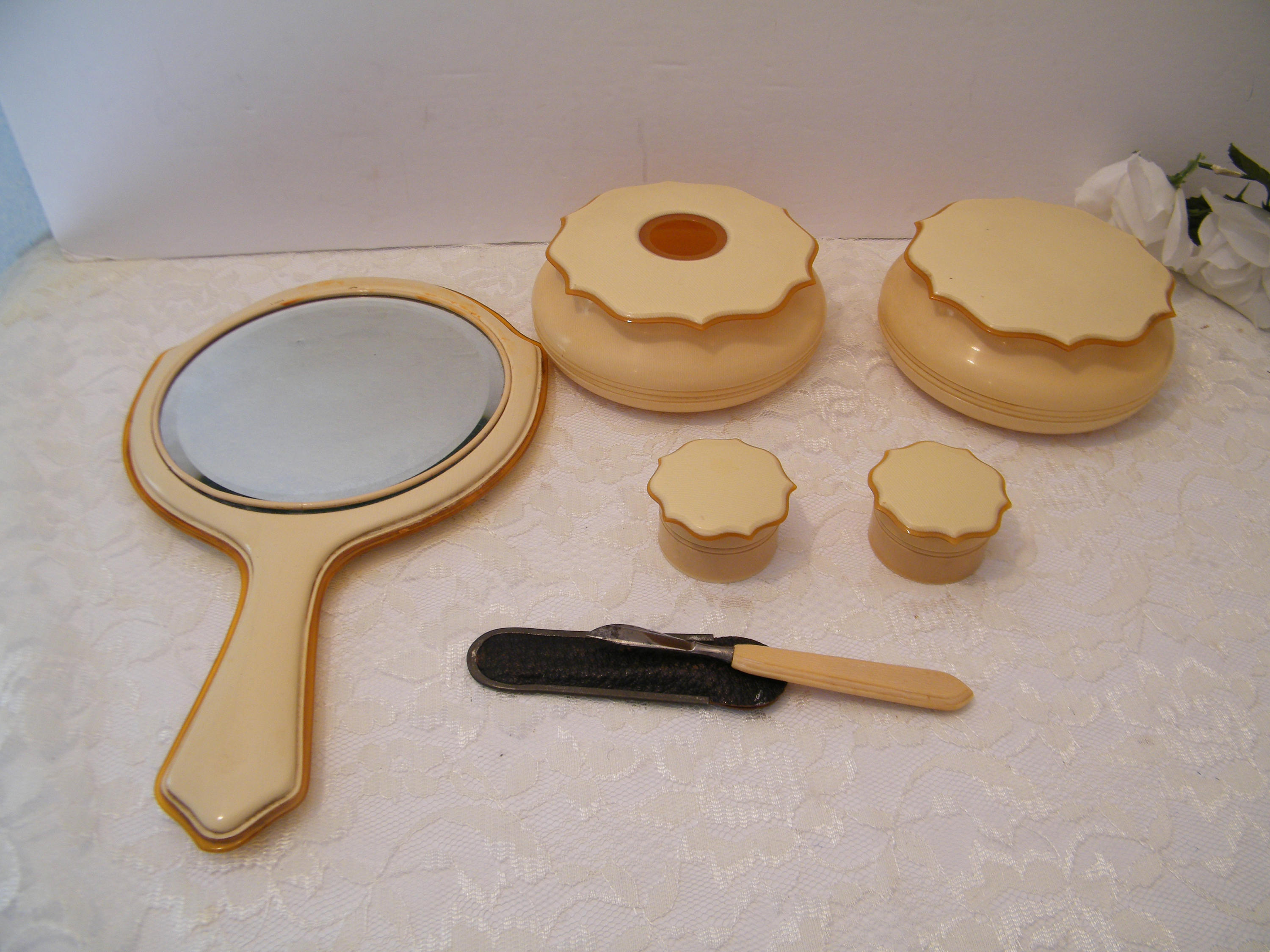 Antique French Ivory Dresser Set From 1920s, Vintage Celluloid USED Set of Hand Mirror, Cuticle Blade, Hair Receiver, Powder Box, Make Up