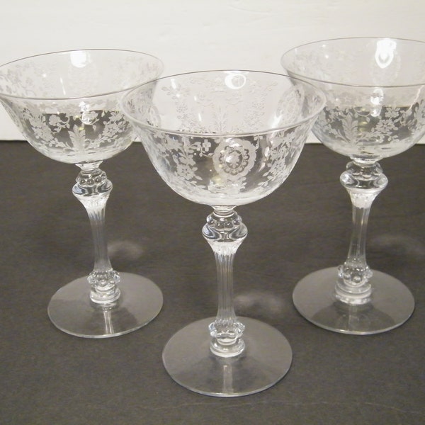 3 Tiffin Love Lace Coupe Champagne Glasses in Romantic Etched Pattern, Vintage Mid Century Elegant Glassware, 1942 to 1966, tall sherbeet