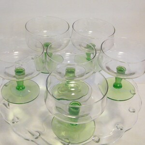 6 Vaseline Stem to Clear Coupe Champagne or Sherbets, Vintage Glasses with light up stems from UV, 6 ounce cups