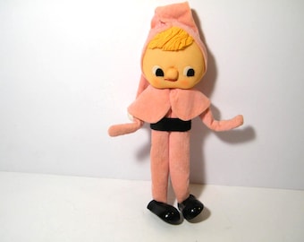 Vintage Japan Pixie Doll has Stockinette Face and Posable Wire Arms, Sweet 1950s Collectible Girl in Pink 8.5 inches tall, light wear