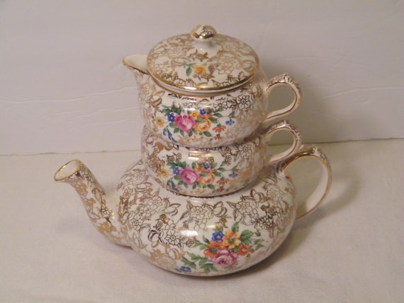 Lord Nelson Ware Gold Chintz Stacking Tea Set With Floral Spray
