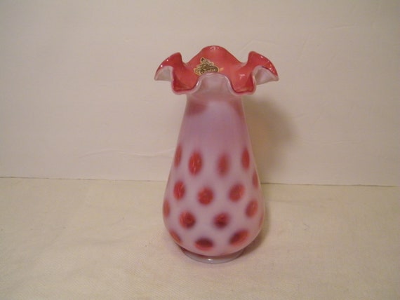 Fenton Cranberry Opalescent Coin Dot Pattern Ruffled Vase With