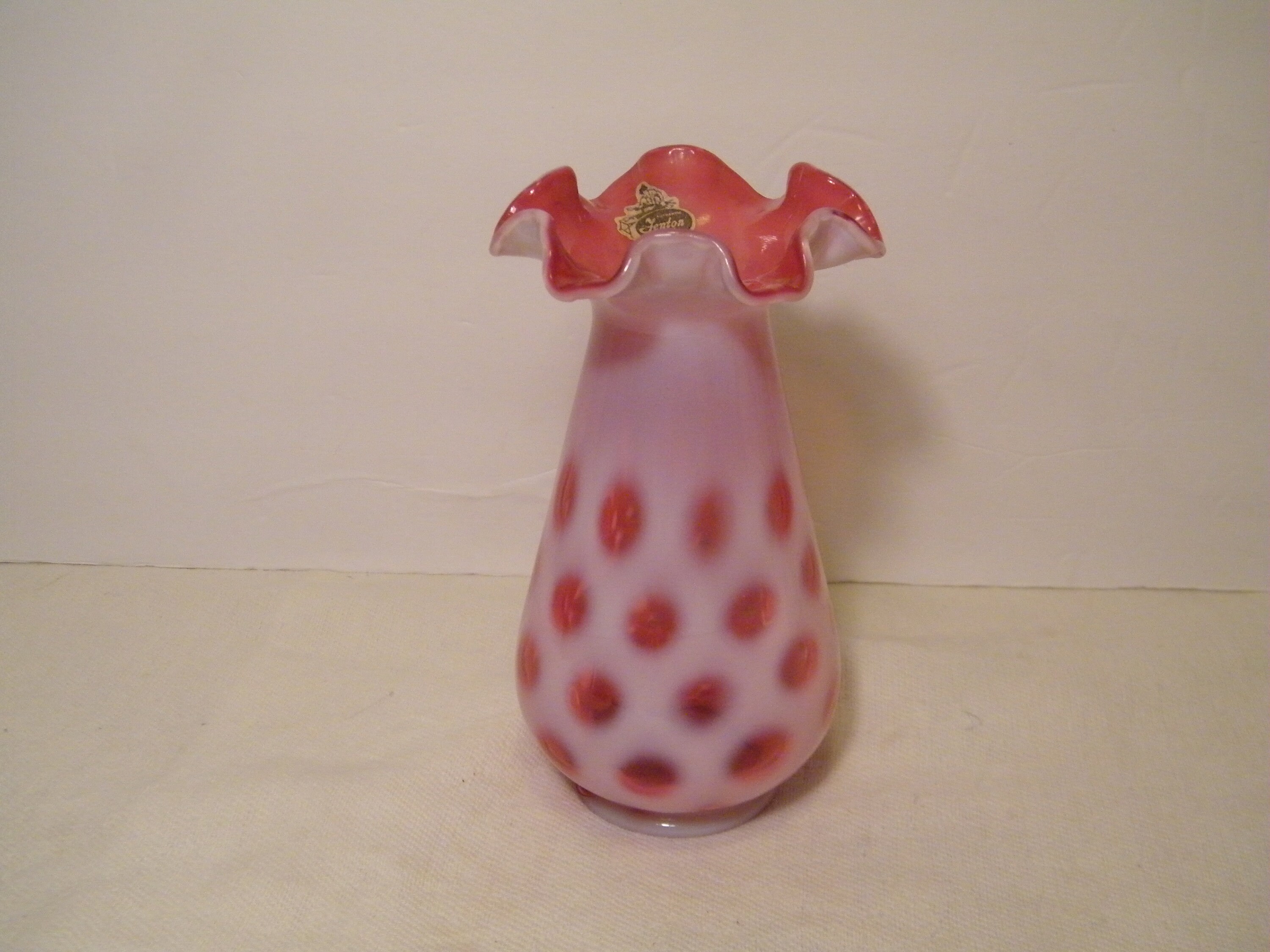 Fenton Cranberry Opalescent Coin Dot Pattern Ruffled Vase With