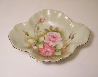 Lefton Elegant Candy Dish Green with Pink Rose design, Numbered 1860, Vintage Hand Painted decorative dish with gold ring on rim, gift idea