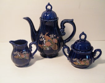 Cobalt blue Tea Set in Golden Peacock Pattern, Vintage Unmarked 5 piece set of Teapot with lid, sugar bowl with lid and creamer,