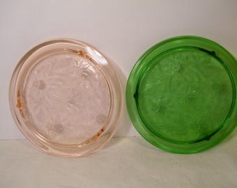 Choice Jeannette Sunflower Cake Plates in Pink Glass or Green Vaseline Glass, Vintage True Depression made between 1930 and 1935