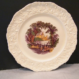 Masons Vista Amberley Oak Dinner Plate, Vintage Aubergine Purple Transferware Scenic Plate Embossed Oak Leaf and Acorn Border