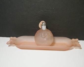 Plateau en verre dépoli rose MCM avec flacon de parfum, ensemble décoratif vintage pour lit ou salle de bain, plateau rectangulaire pour flacon avec atomiseur