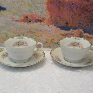 2 Sets Noritake Occupied Japan Cup and Saucers, Vintage 1940s Japanese made porcelain footed cup Green trim floral pattern