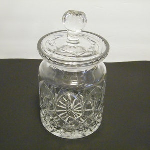 Pressed Cut Glass Cookie Jar in Lead Glass multiple patterns no marking or label, Vintage 10 inch tall Biscuit jar has Mfr flaw