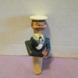 Figural Wine Stopper with Movement, Vintage Handmade with Cork bottom and carved wood Man with wine glass, movement with handle on back